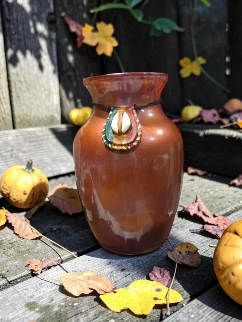 Fluid Art African Cowrie Shell Necklace Vase, Size 7 inches, Handcrafted Vase,